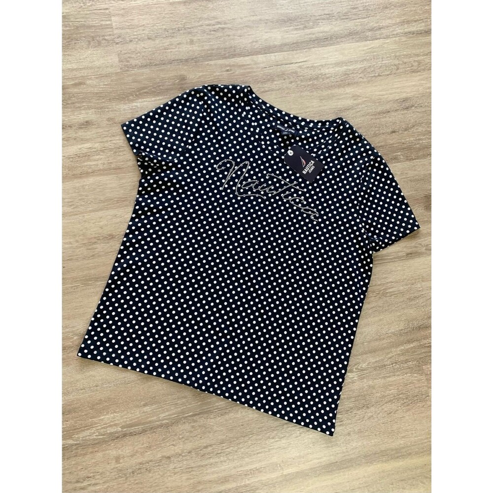 Nautica Jeans Navy Blue White Polka Dot Top Women’s Large 100% Cotton NWT